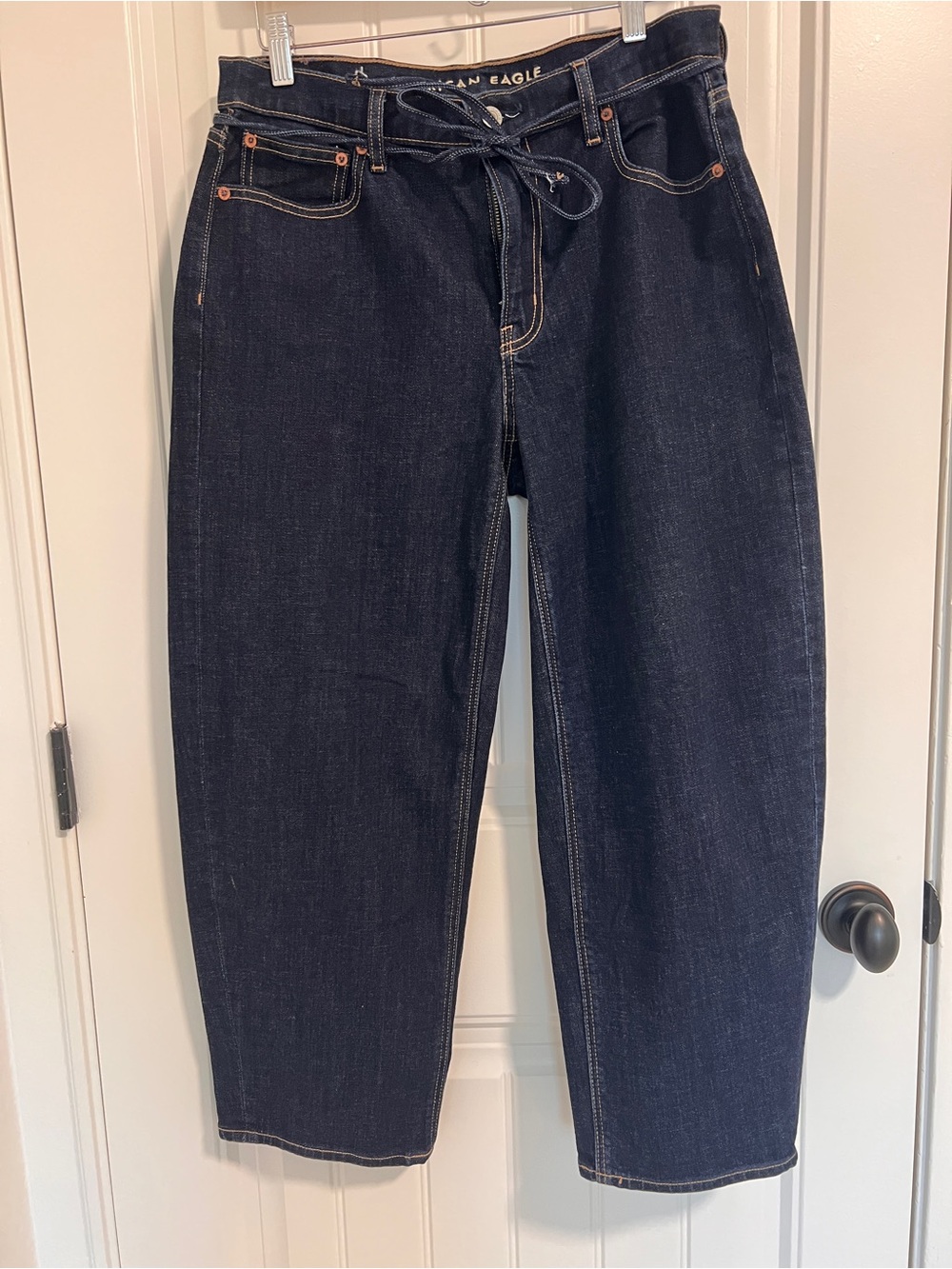 American Eagle Dark Wash Tie-Waist Barrel Jeans